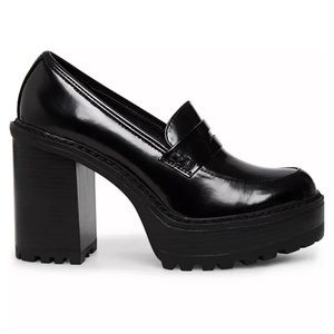 NEW Madden Girl Kassidy Platform Heeled Loafers Faux Patent Leather Black Sz 8.5